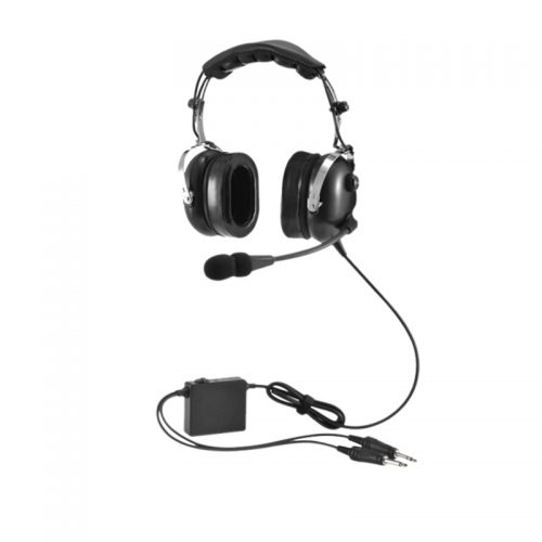 Black over-ear aviation headset with a microphone, padded headband, and attached cable ending in dual plugs.